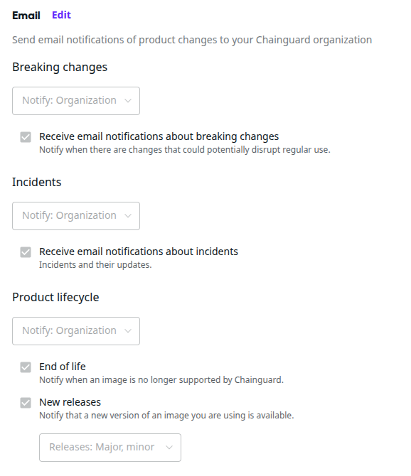 Screenshot showing the Email section of the Chainguard Console's Settings > Notifications page.